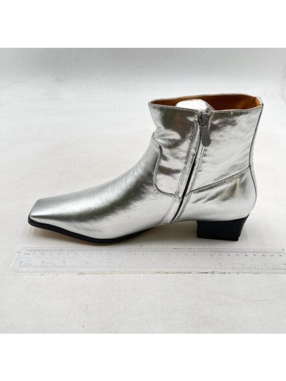 FOWT Silver Square Toe Side Zipper Ankle Boot Block Low Heel Short Boot